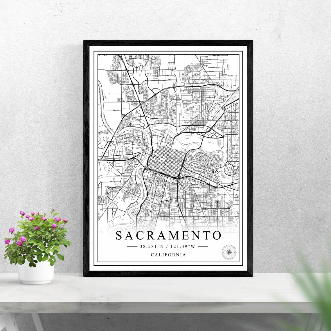 Sacramento California Minimalist Black and White City Map Wall Art