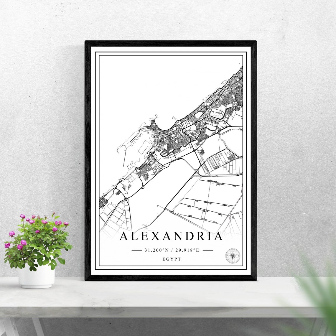 Alexandria Egypt Minimalist Black and White Coastal Map Wall Art