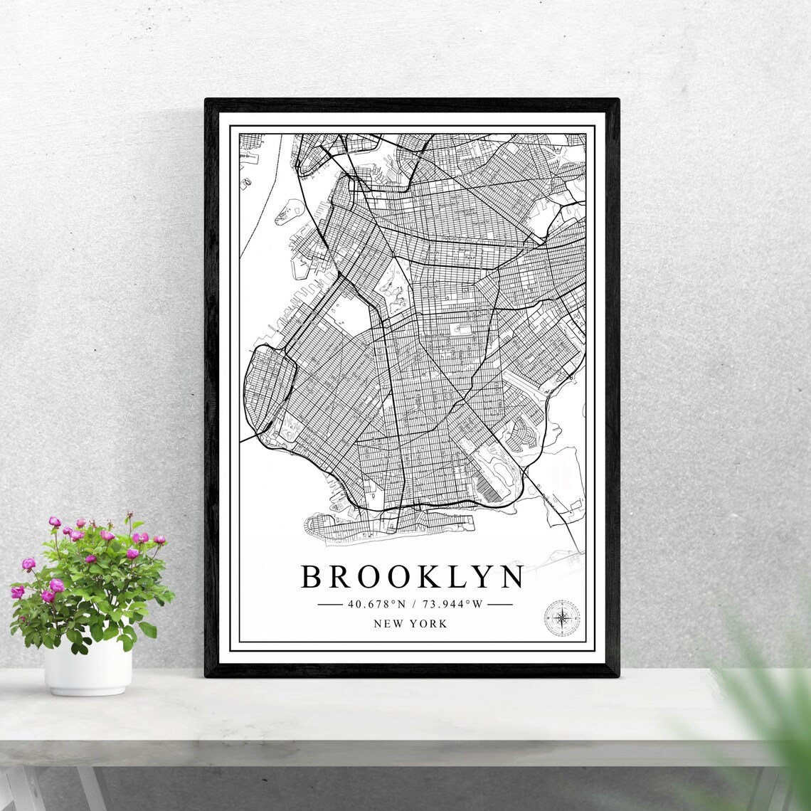 Brooklyn New York Black and White Minimalist Street Map Print