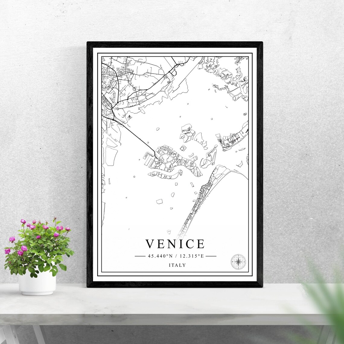 Venice Italy Detailed Street Map Black And White City Map Poster
