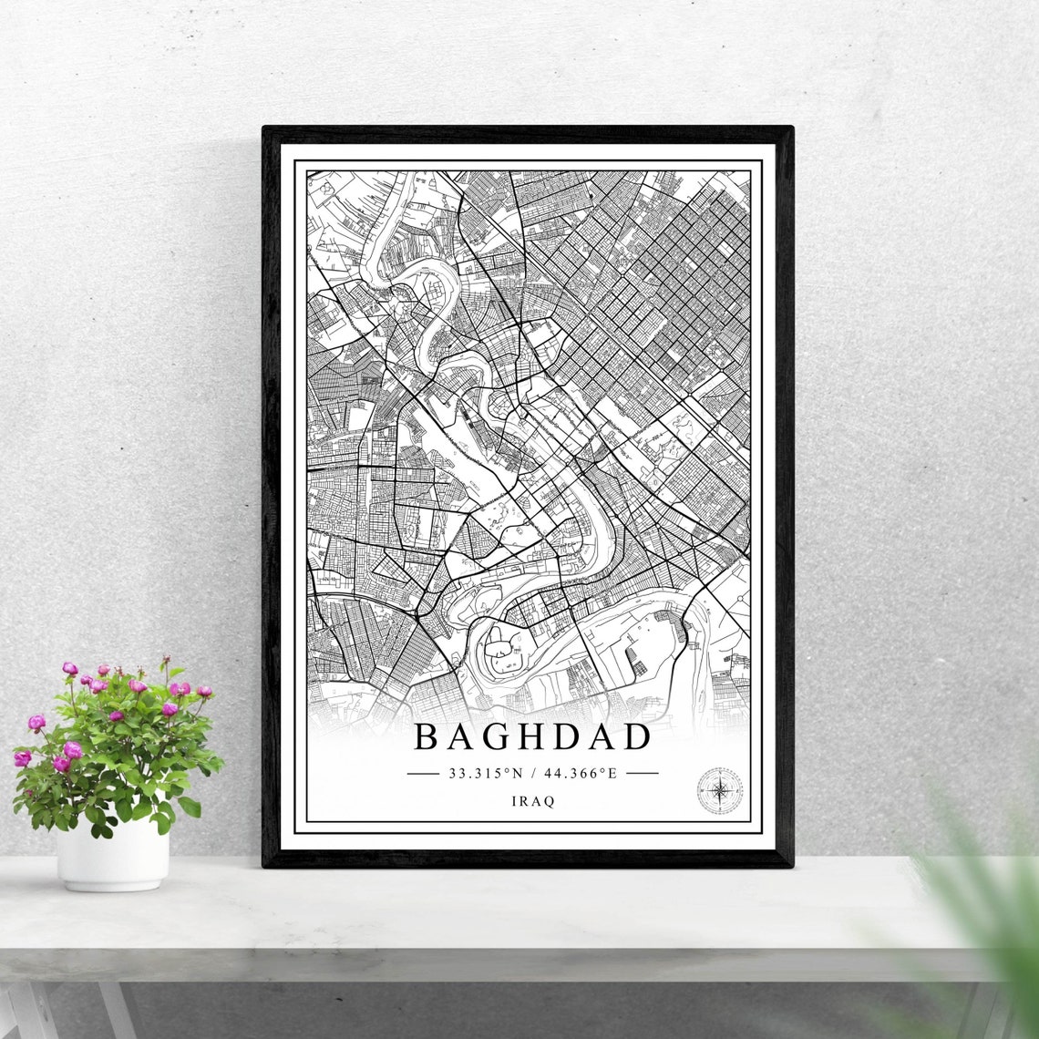 Baghdad Iraq Black and White City Map Poster with Coordinates
