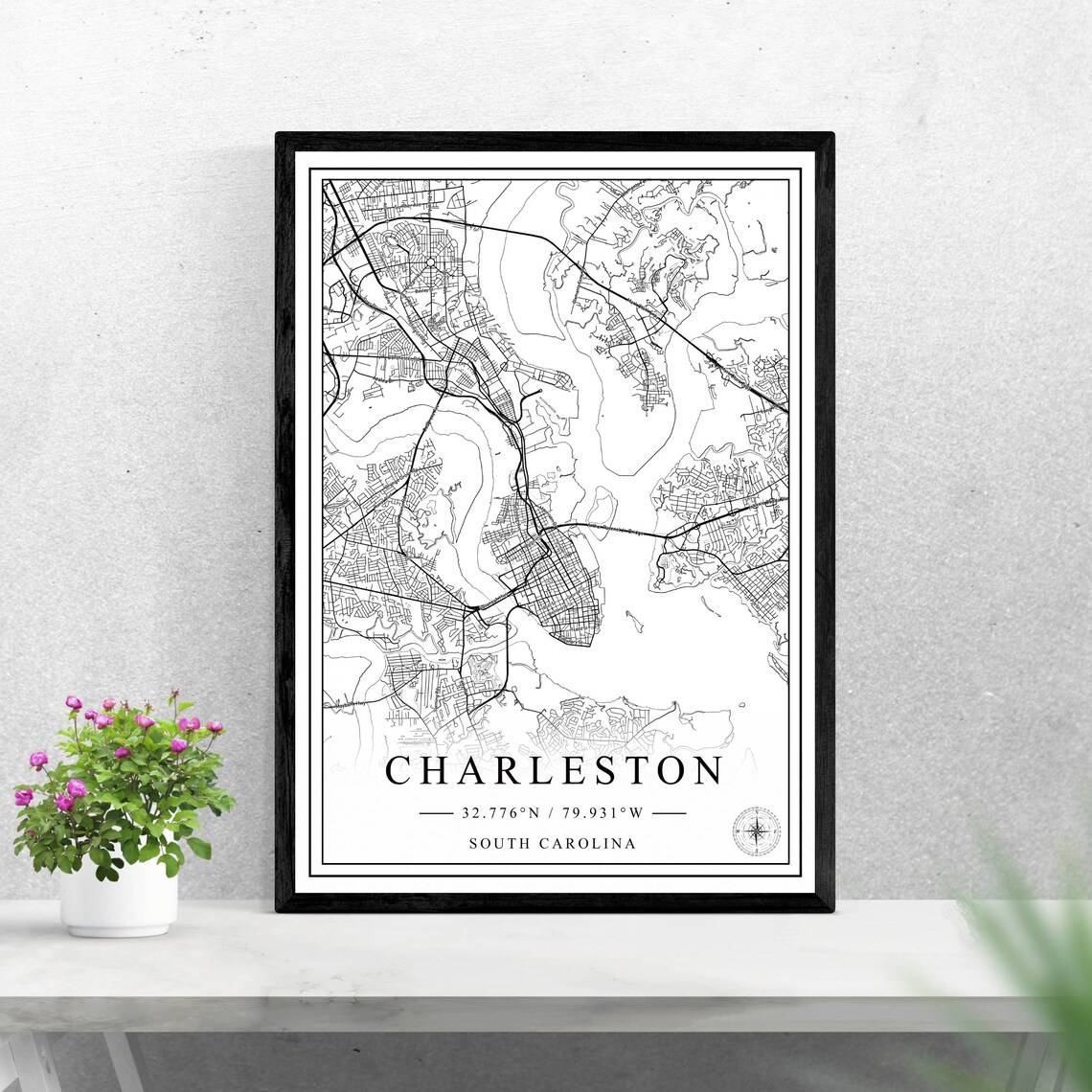 Charleston City Map, Black and White Travel Poster