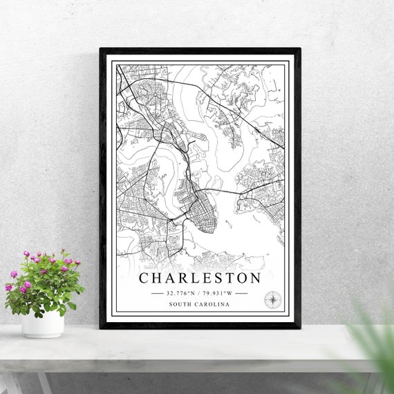 Charleston City Map, Black and White Travel Poster