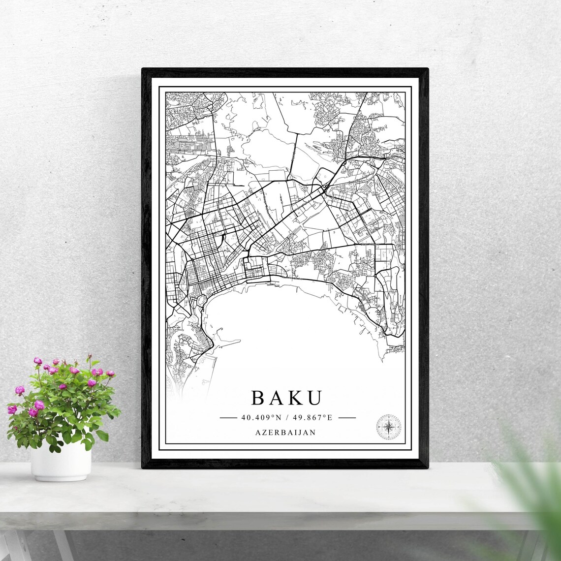 Baku Azerbaijan City Street Map Black and White Minimalist Poster