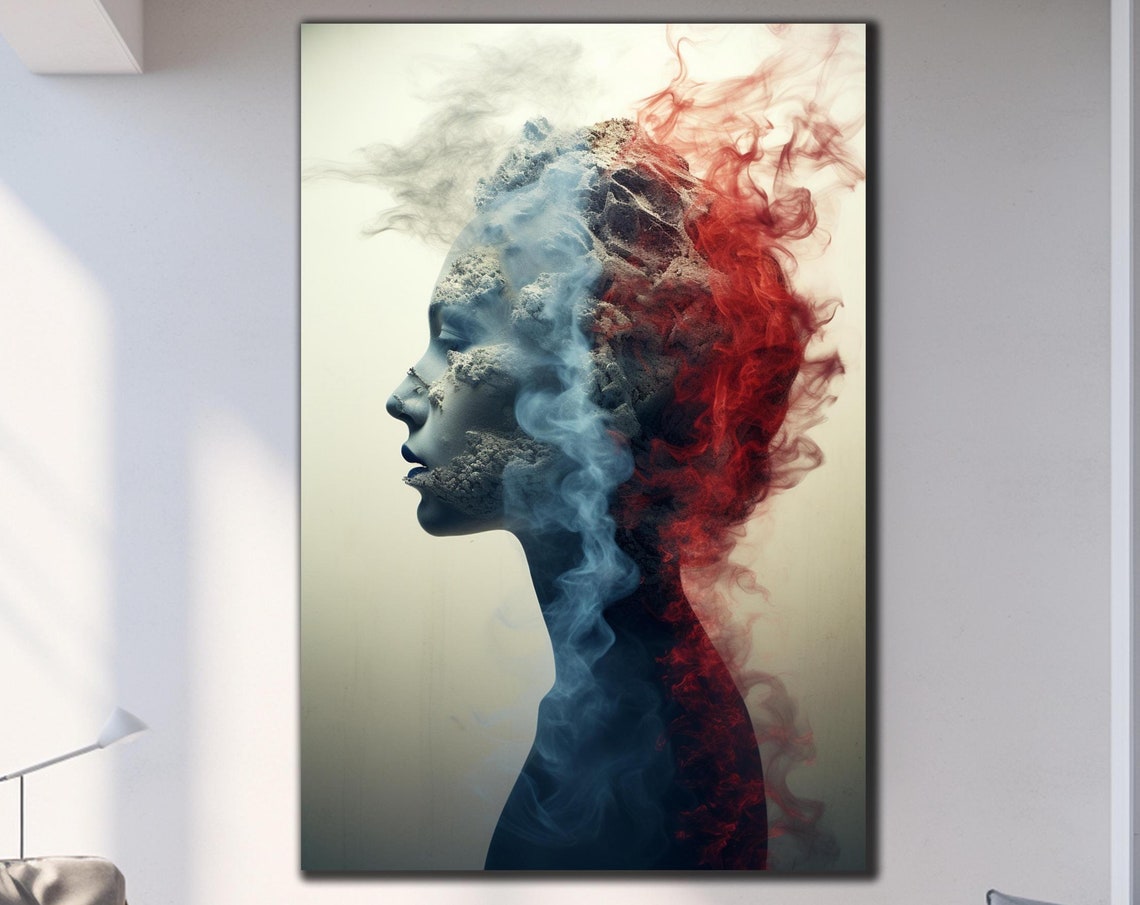 Abstract Woman Profile Dissolving Blue Red Smoke Surreal Wall Art