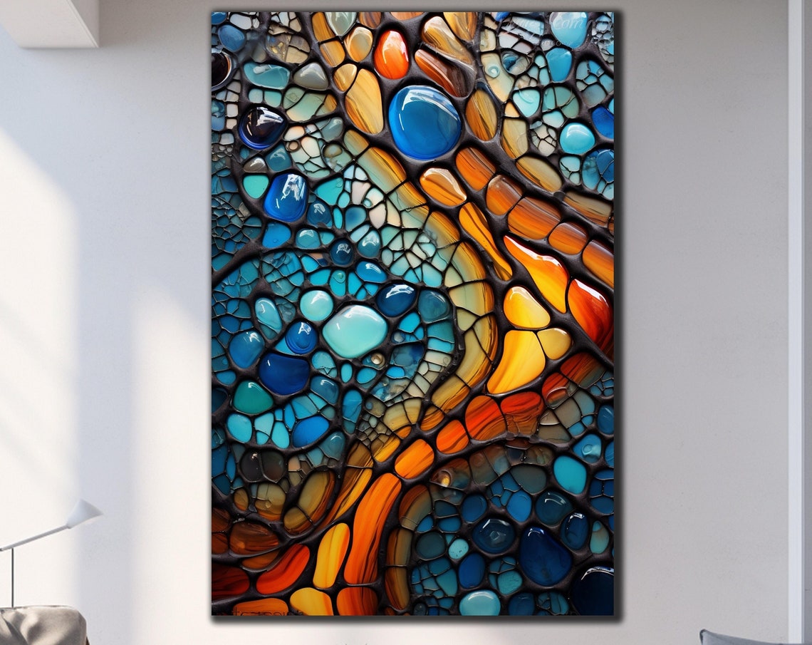 Teal Orange Glass Stone Mosaic Webbed Abstract Wall Art Poster