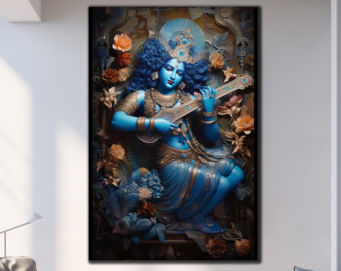 Lord Krishna Playing Sitar Blue Hindu God Floral Divine Art Poster