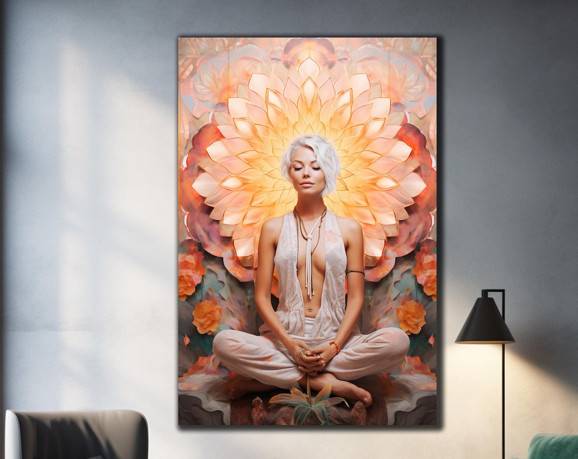 Meditating Woman Golden Lotus Halo Serene Yoga Mindfulness Poster