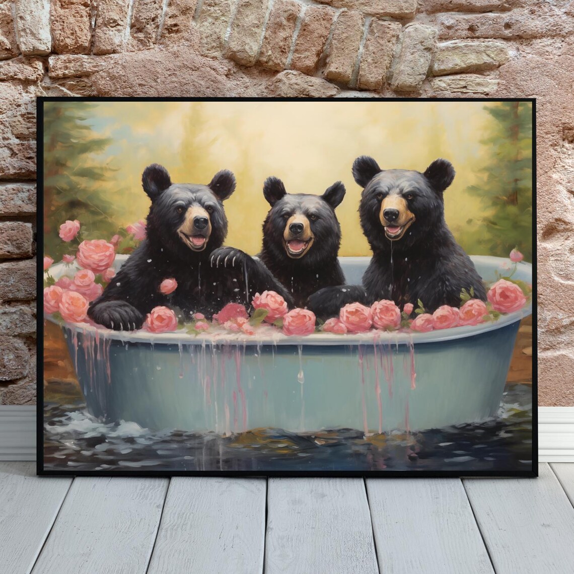 Three Bears Rose Petal Bathtub Funny Bathroom Animal Art Poster
