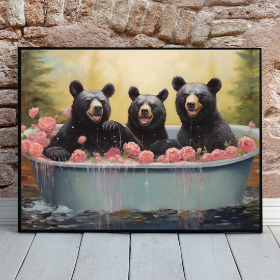 Three Bears Rose Petal Bathtub Funny Bathroom Animal Art Poster