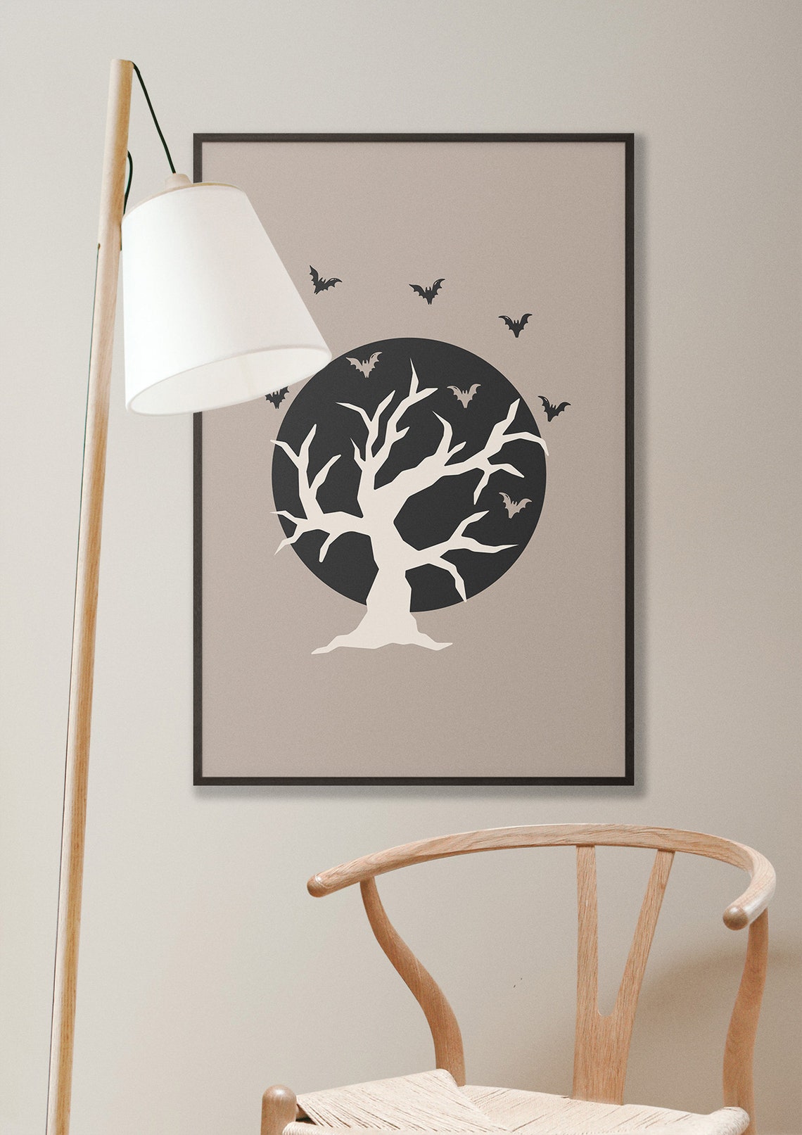 Spooky Bare Tree Black Moon Bats Minimalist Halloween Art Poster - Image 5