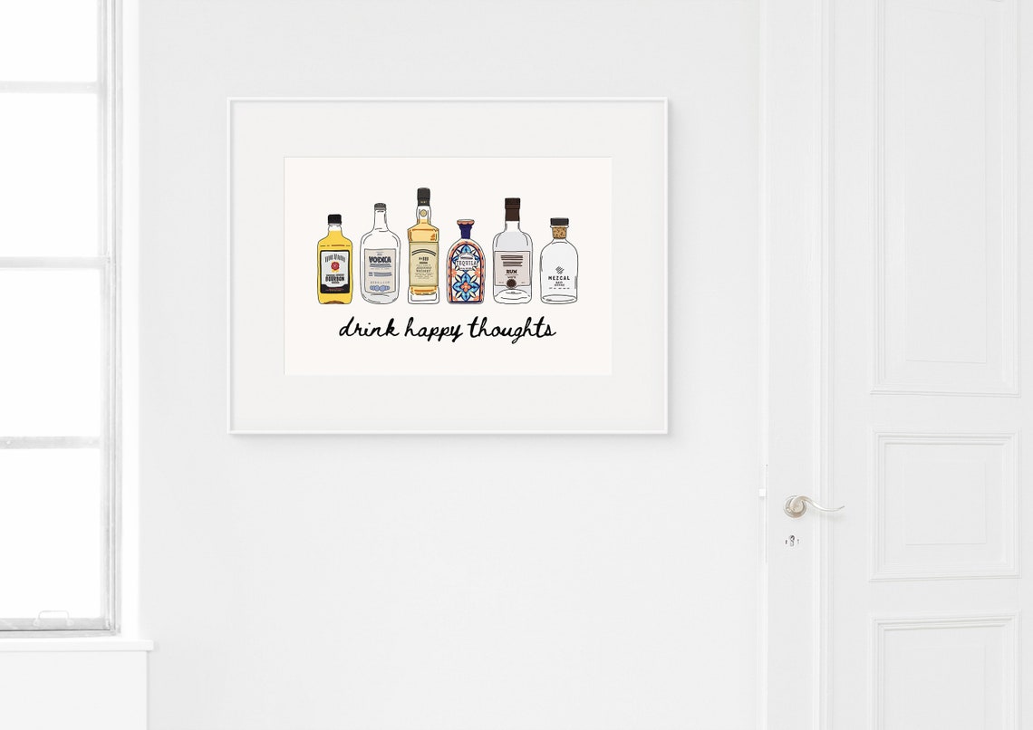 Drink Happy Thoughts Liquor Bottle Lineup Bar Cart Art Poster - Image 3