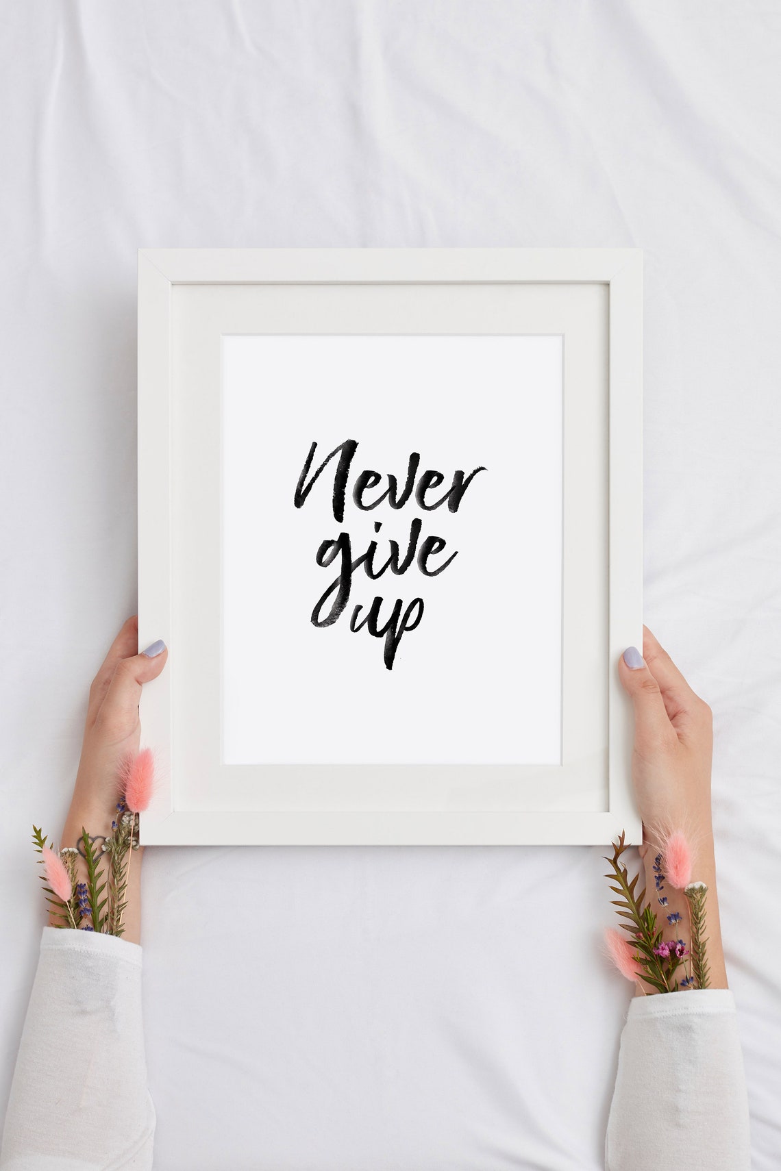Never Give Up Brush Script Motivational Quote Botanical Art Print - Image 3