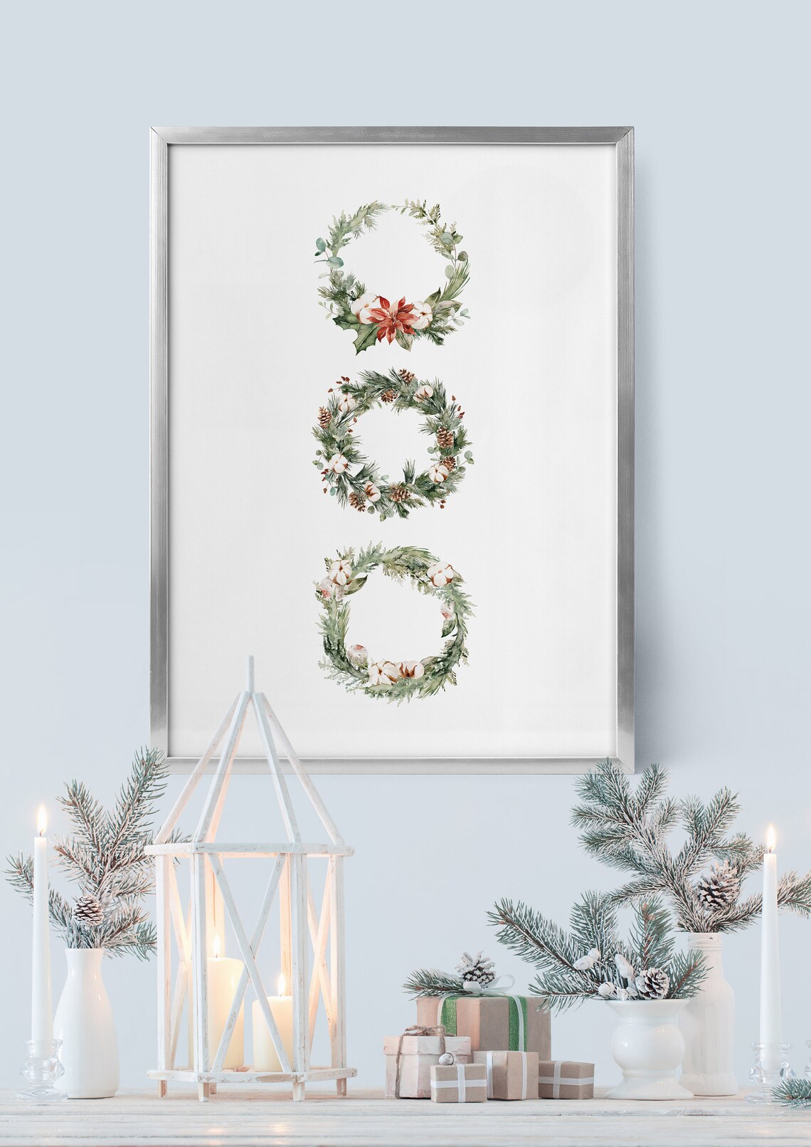 Stacked Watercolor Christmas Wreaths Pinecone Poinsettia Wall Art - Image 5