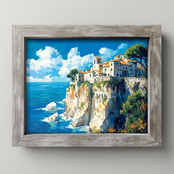 White Cliffside Village Above Blue Sea Italian Coast Painting Wall Art