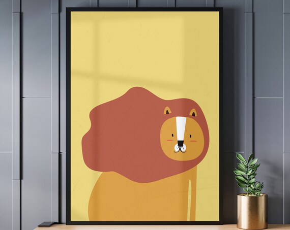 Minimalist Cute Lion Mustard Yellow Kids Room Nursery Poster