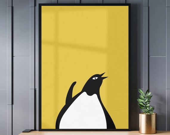 Minimalist Penguin Silhouette Mustard Yellow Kids Nursery Poster
