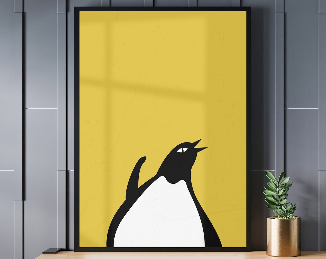 Minimalist Penguin Silhouette Mustard Yellow Kids Nursery Poster