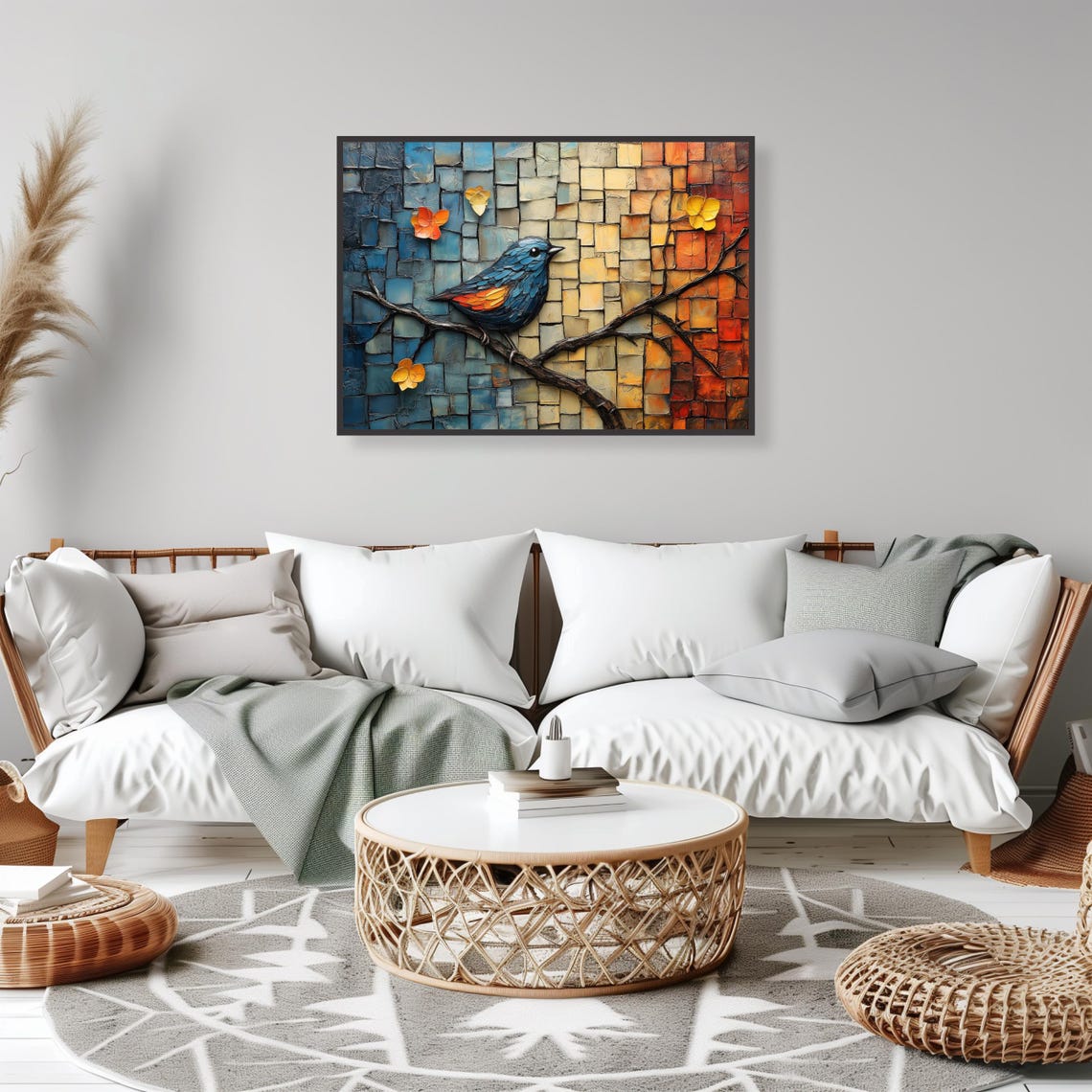 Blue Mosaic Bird Perched on Branch Textured Nature Scene Art Print - Image 2