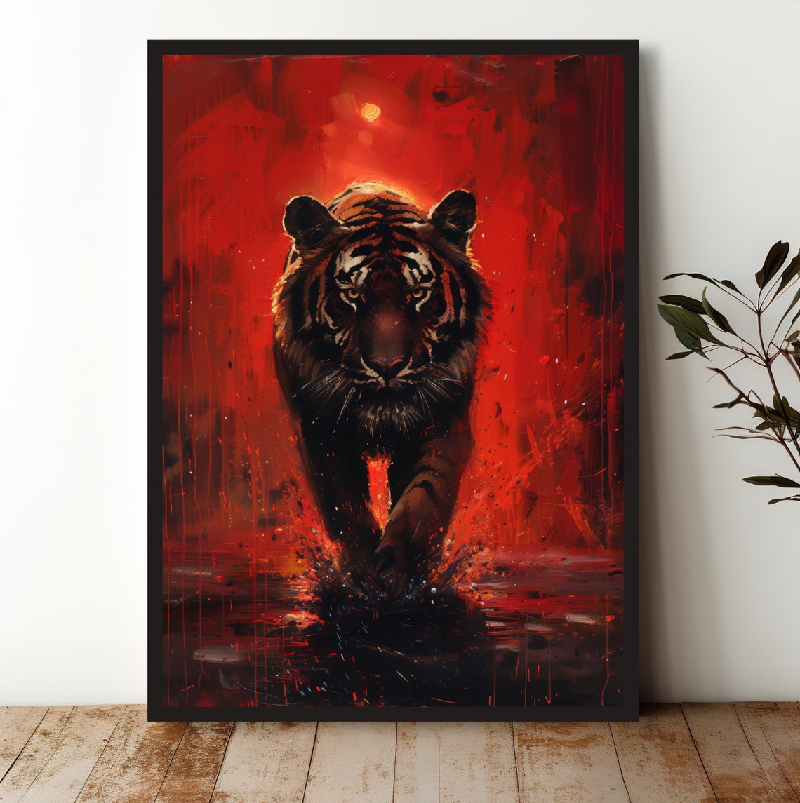 Tiger Walking Through Water Bold Red Dramatic Wildlife Art Poster
