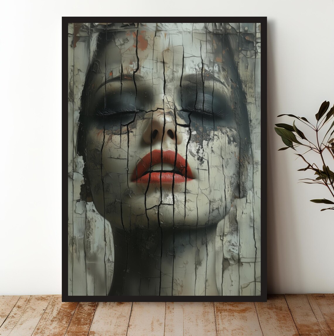 Cracked Porcelain Woman Face Red Lips Glamour Portrait Art Print