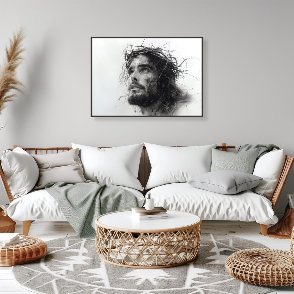 Jesus Christ Crown of Thorns Monochrome Portrait Devotional Art Poster - Image 2