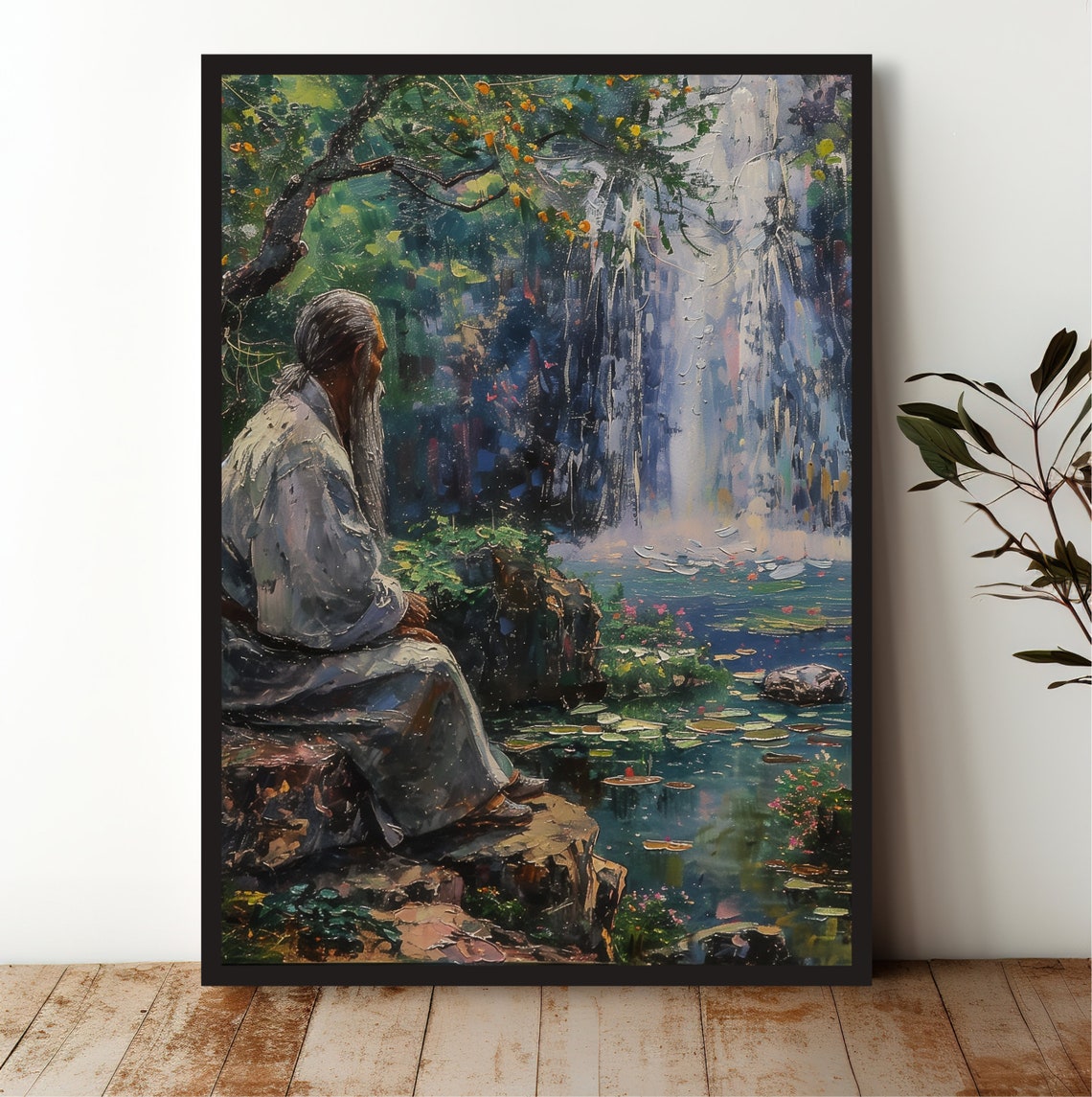 Wise Sage by Waterfall Impressionist Painting Zen Art Poster