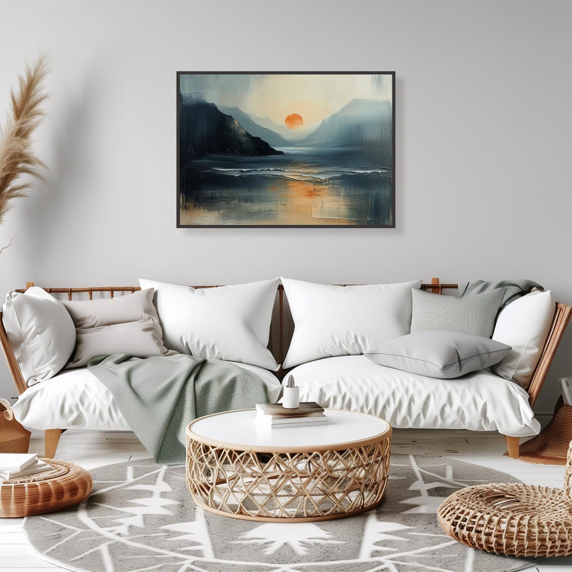 Calming Minimalist Mountain Sunset Lake Scene Design Art Print - Image 2