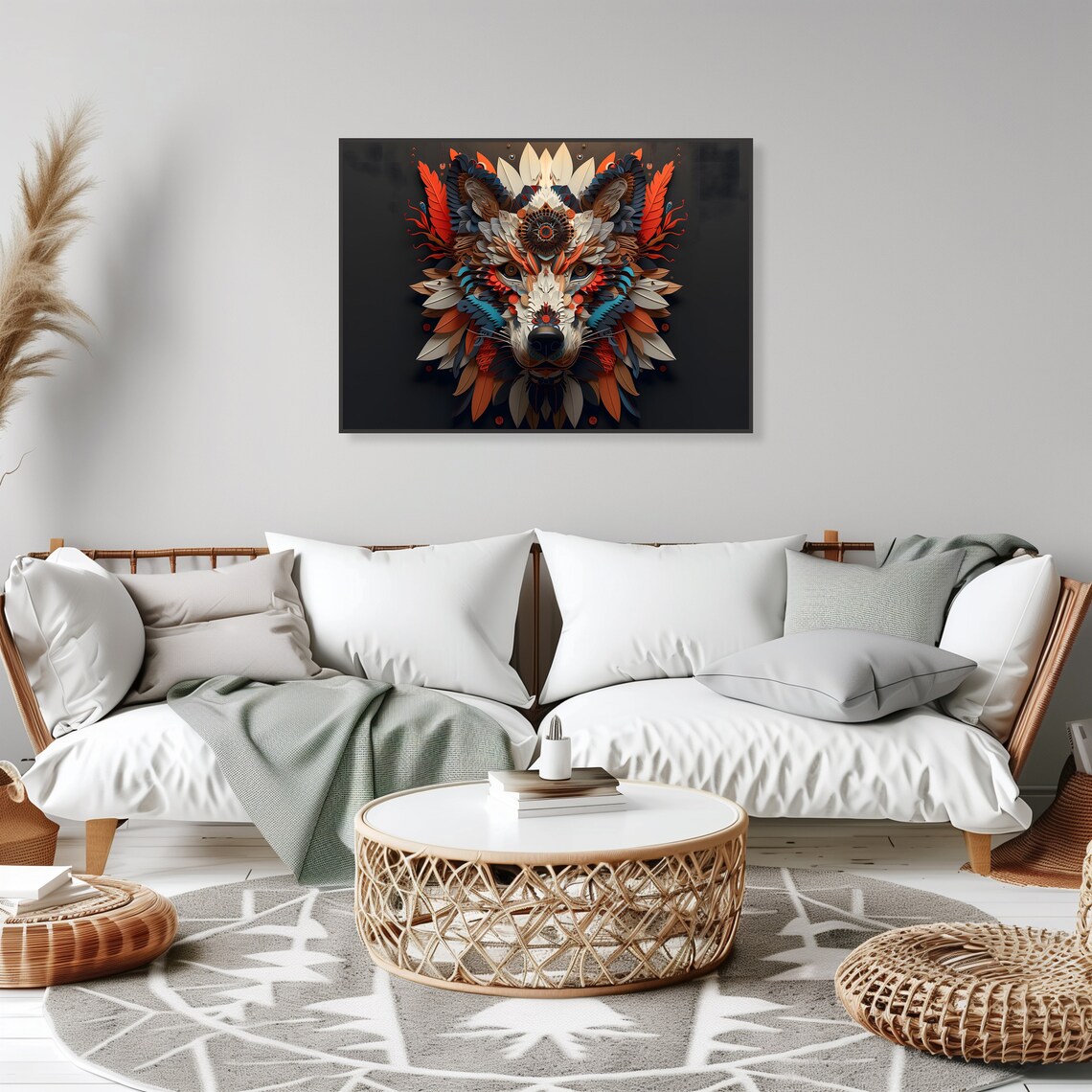 Paper Cut Feather Fox Face Mandala Vibrant Wildlife Decorative Art Poster - Image 2