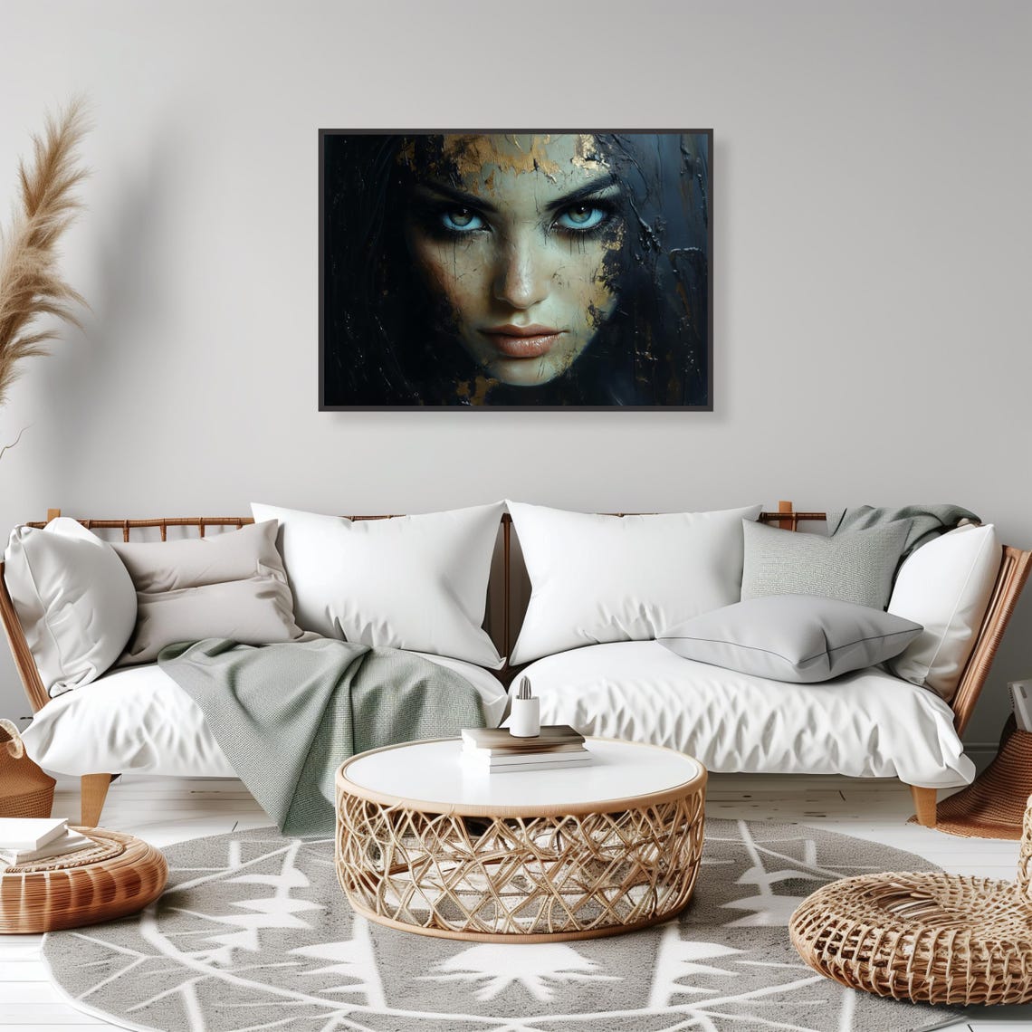 Dark Mysterious Woman Piercing Blue Eyes Gold Portrait Art Print - Image 2