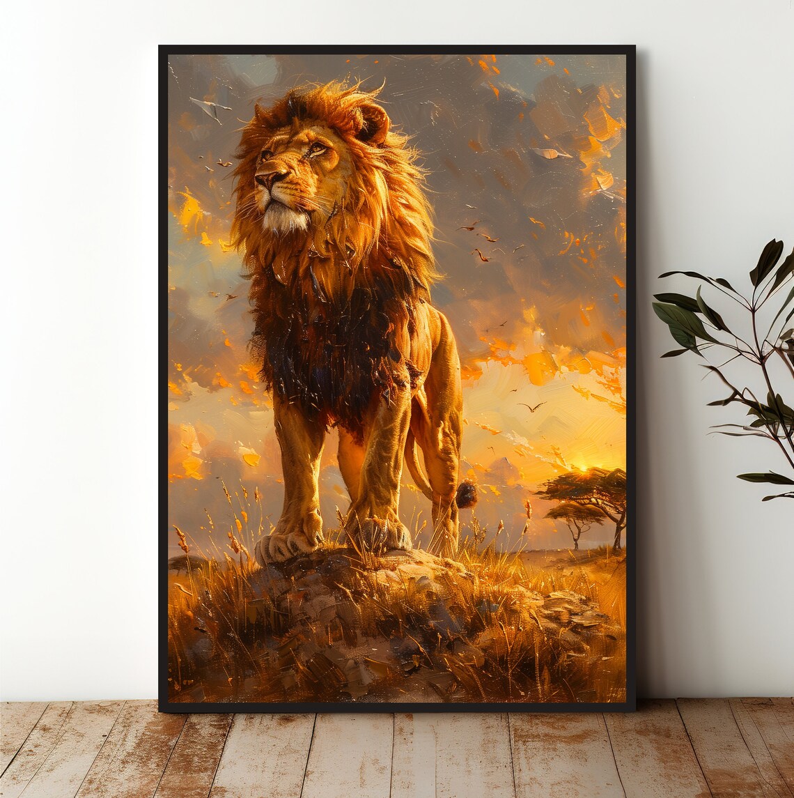 Majestic Lion Sunset Savanna Golden Wildlife Portrait Art Poster