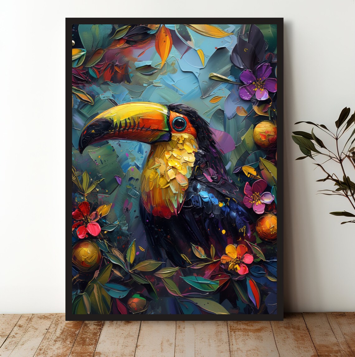 Toucan Among Tropical Flowers Impasto Colorful Exotic Bird Art Poster