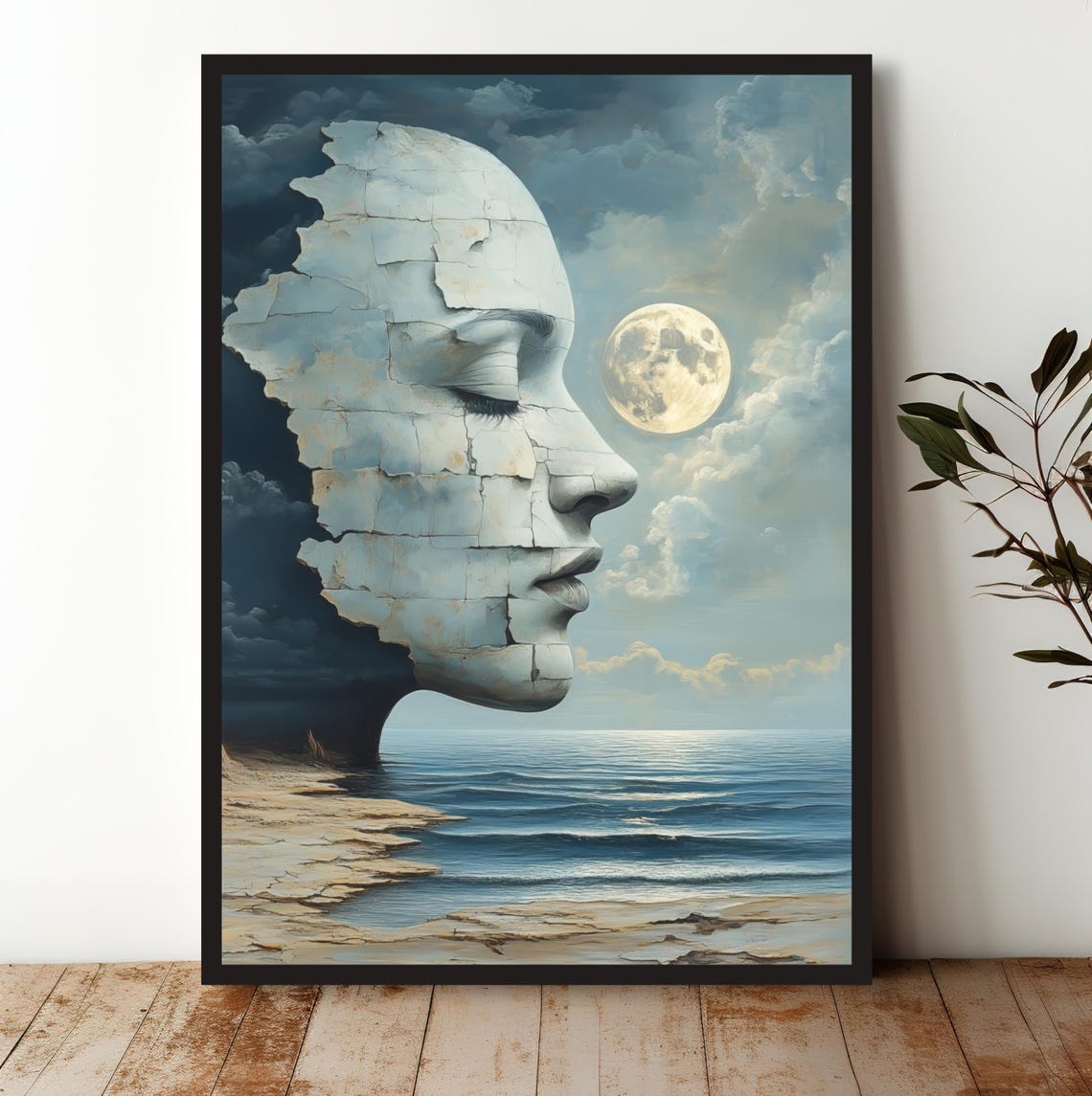 Surreal Stone Face Ocean Moonlight Dreamy Coastal Art Poster