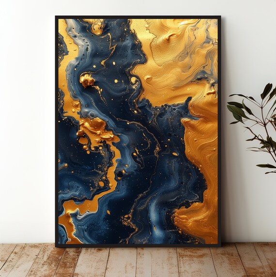 Abstract Gold And Navy Wall Art Luxury Metallic Swirls And Deep Blue Design For Elegant Home Or Office Decor