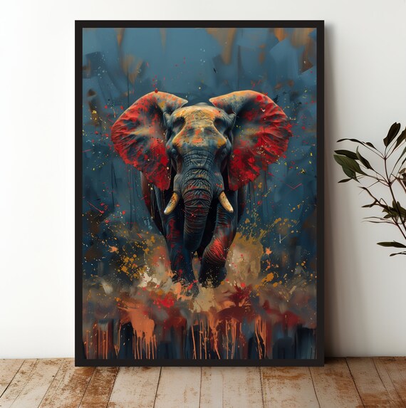 African Elephant Charging Paint Splatter Bold Dramatic Safari Art Poster