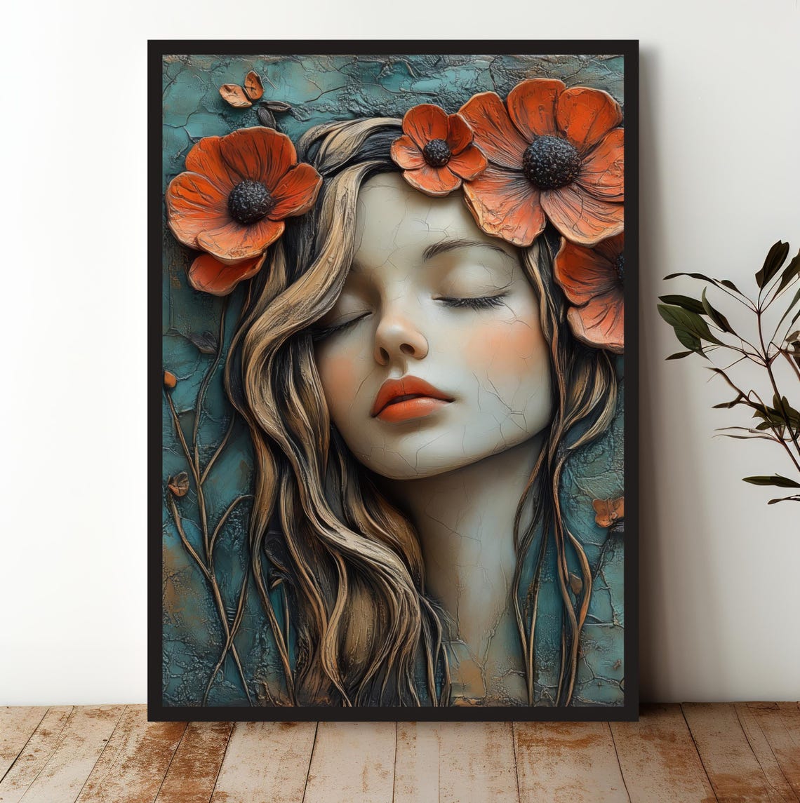 Dreamy Woman Orange Poppies Floral Textured Portrait Art Poster