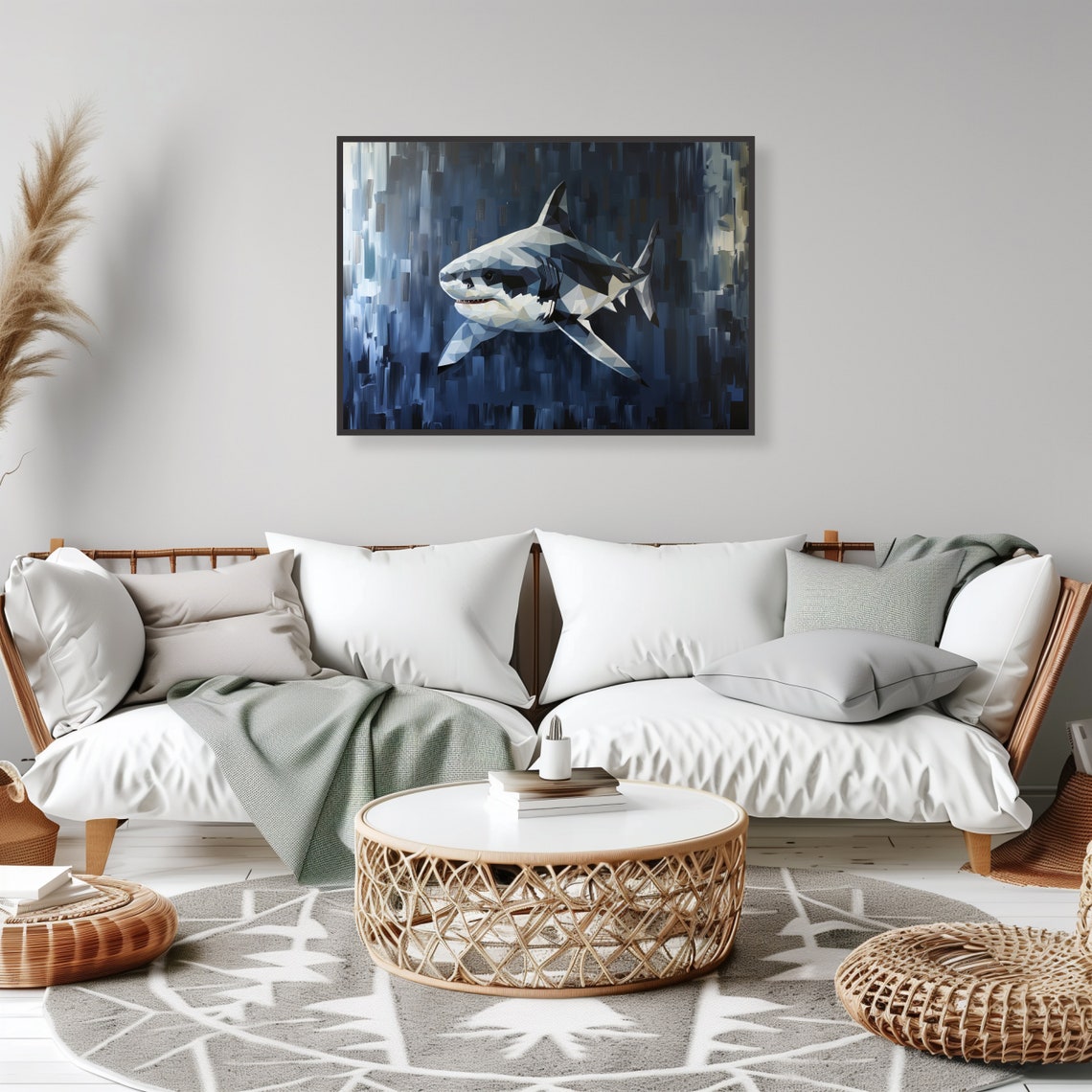 Low Poly Great White Shark Abstract Ocean Geometric Style Poster - Image 2