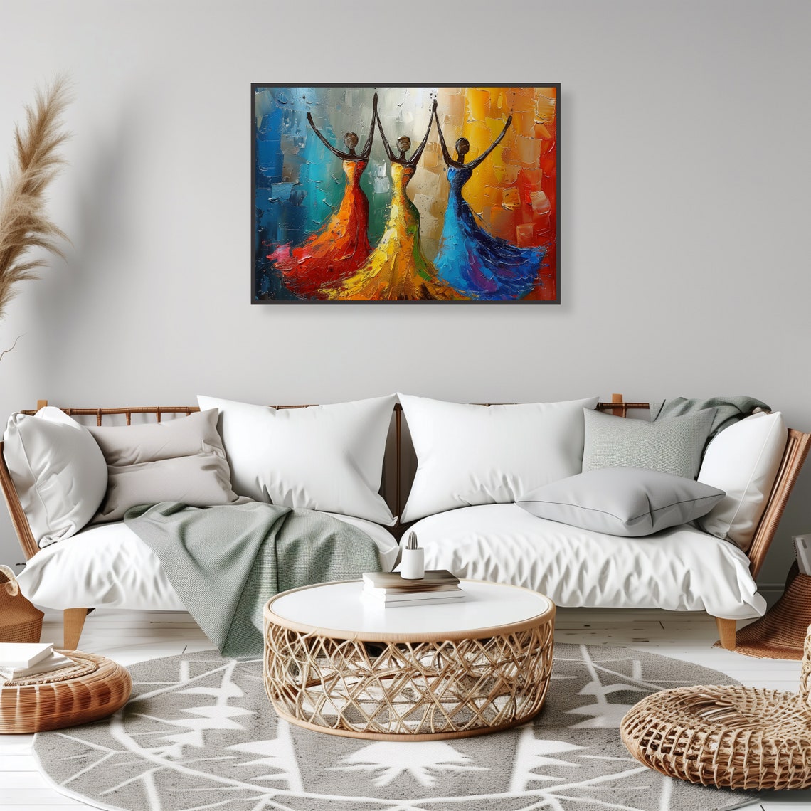 Three Dancing Women Colorful Dresses Abstract Impasto Poster - Image 2