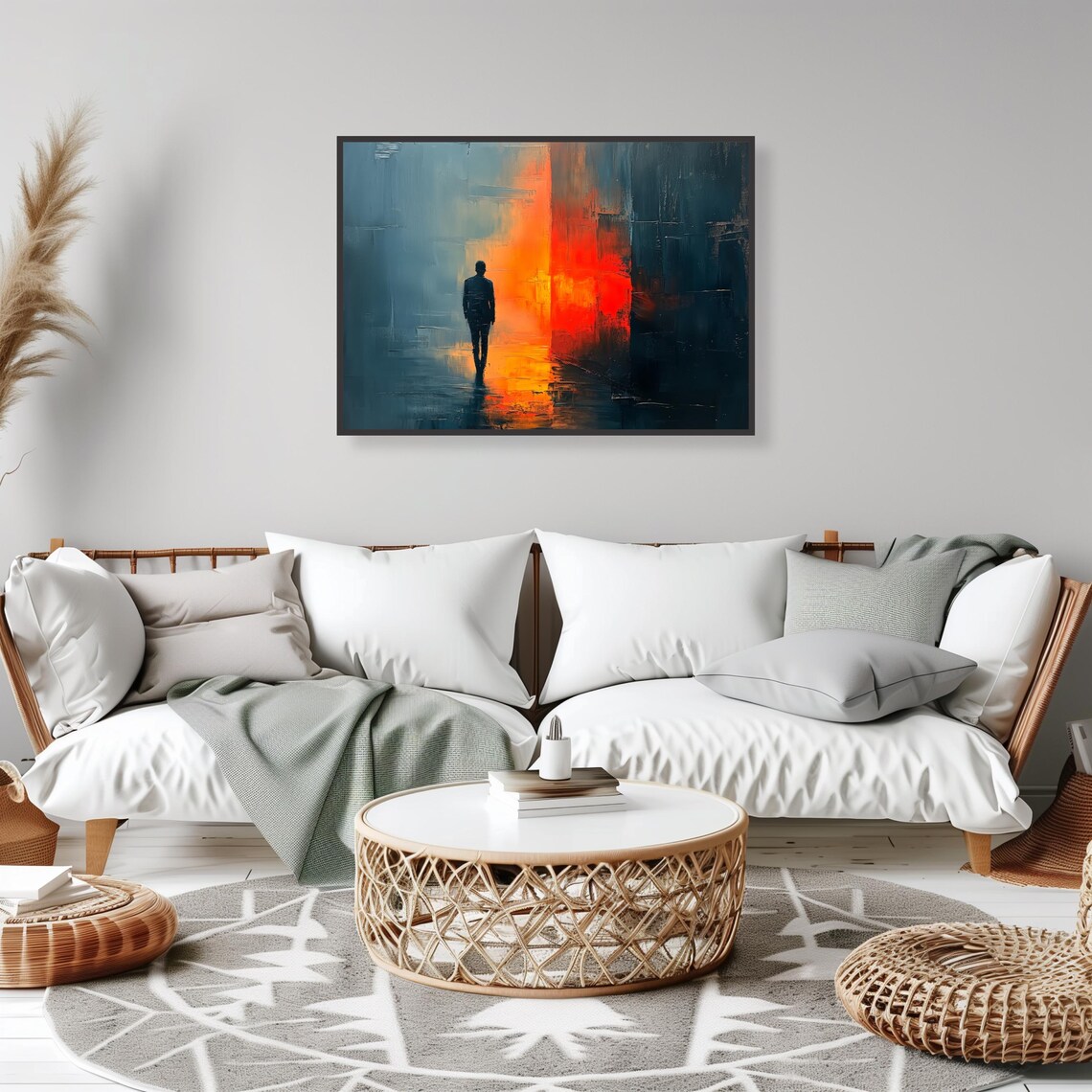 Abstract Silhouette In Light Art Print Moody Modern Wall Art With Blue And Orange Tones Mysterious Urban Decor - Image 2