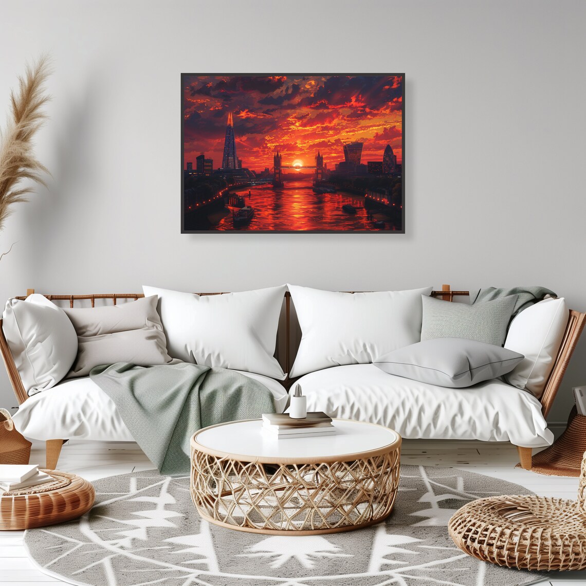 London Skyline Sunset Tower Bridge Shard Fiery Red River Poster - Image 2