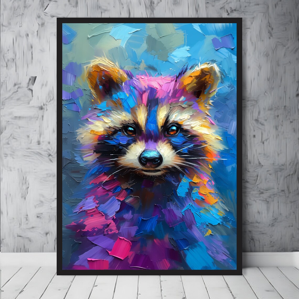 Colorful Impasto Raccoon Portrait In Blue Pink And Purple Pop Art Poster - Image 3