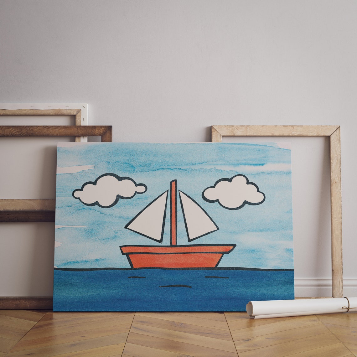 Cute Orange Cartoon Sailboat Sailing Blue Waves Kids Bathroom Poster - Image 2