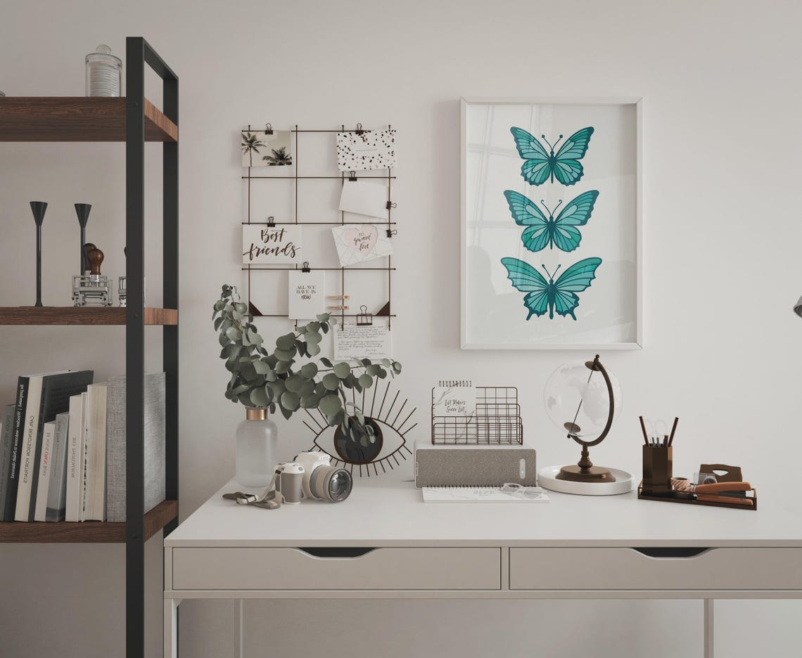 Three Turquoise Butterflies Minimalist Insect Illustration Wall Art - Image 3