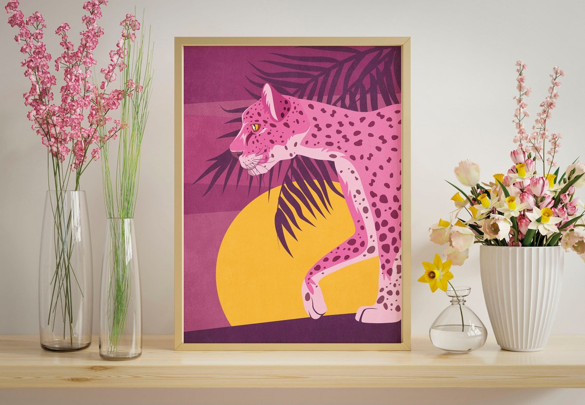Bold Pink Leopard Sunset Jungle Preppy Trendy Animal Wall Art - Image 3