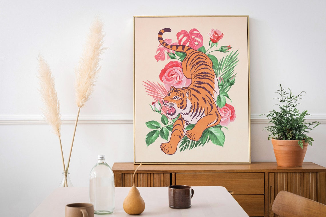 Art Aesthetic Wall Decor Boho Wall Art Living Room Modern Palm Tree Wall Decor Boho Decor Tiger In Roses And Palm Leafs