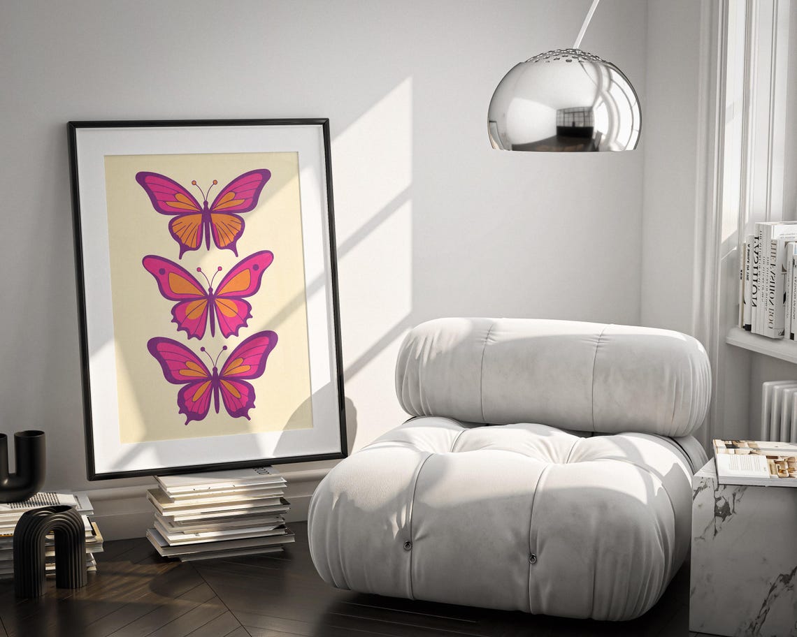 Pink Aesthetic Butterfly Art Print Trendy Wall Art Girls Bedroom Decor Trendy Room Wall Art Three Butterflies Purple Pink Orange Wall Art - Image 2