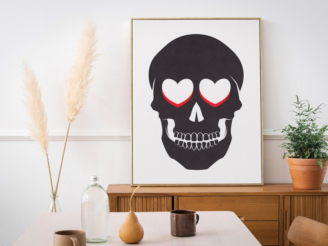 Black Skull Heart Eyes Minimal Goth Love Bold Halloween Poster - Image 2