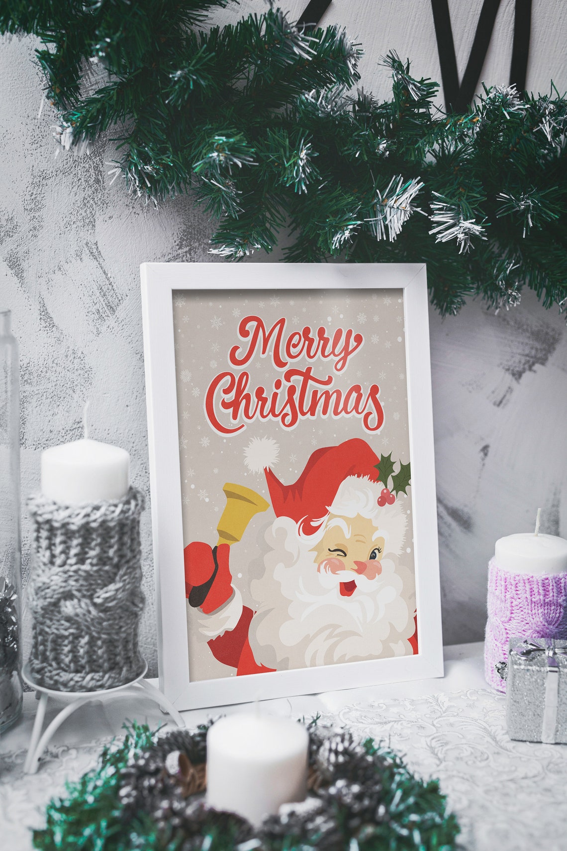 Retro Santa Claus Ringing Bell Merry Christmas Holiday Cheer Wall Art - Image 2