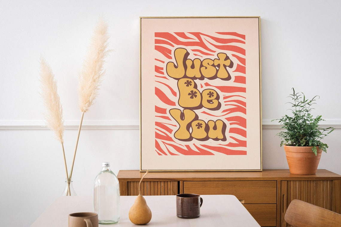 Just Be You Retro Groovy Quote Poster on Coral Zebra Stripes - Image 2