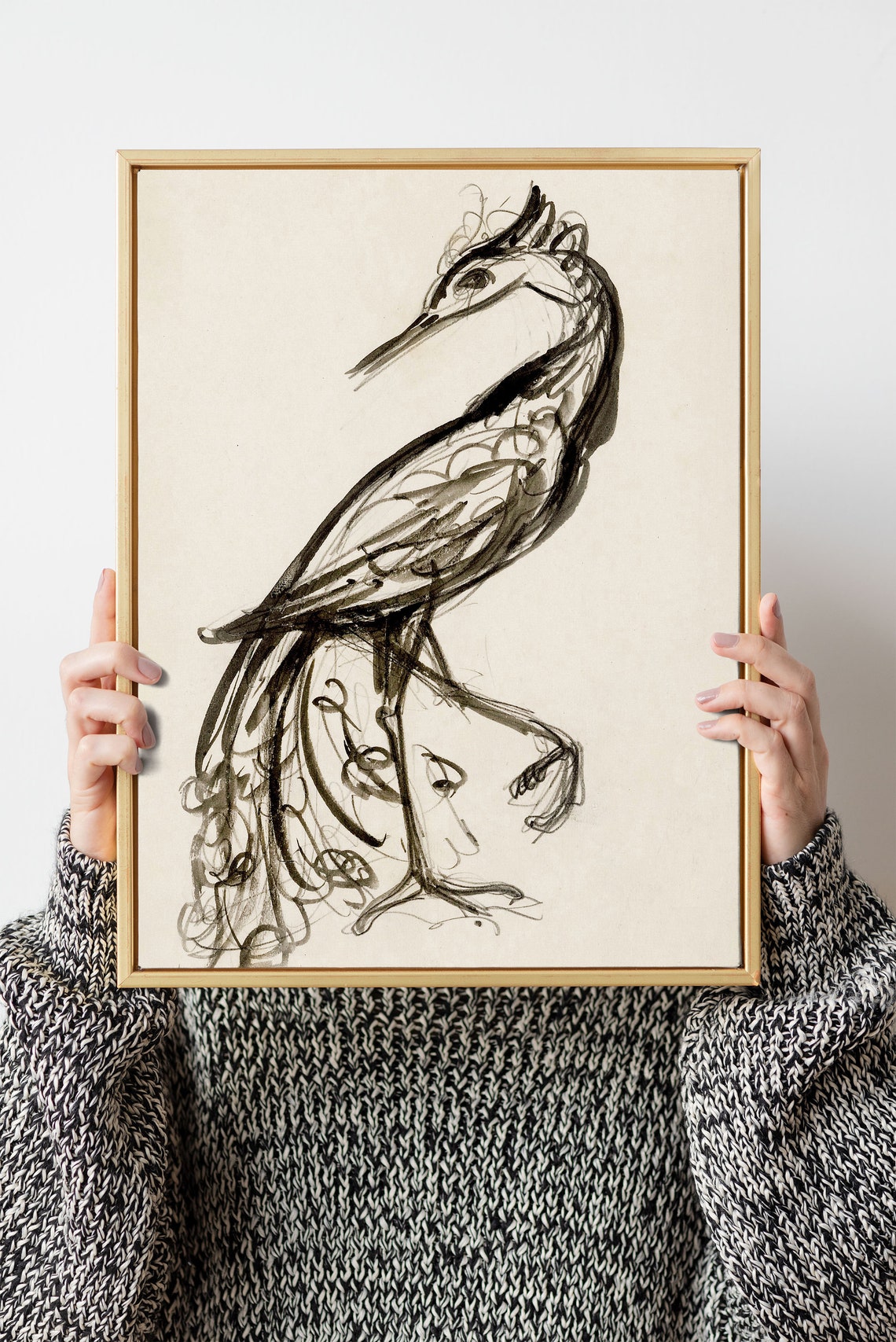 Black Ink Heron Bird Sketch Vintage Minimalist Wildlife Drawing Poster - Image 2